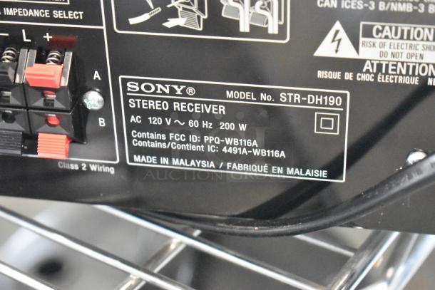 Sony STR-DH190 Stereo Receiver label showing 120V, 60Hz, 200W specs and FCC ID. Made in Malaysia.