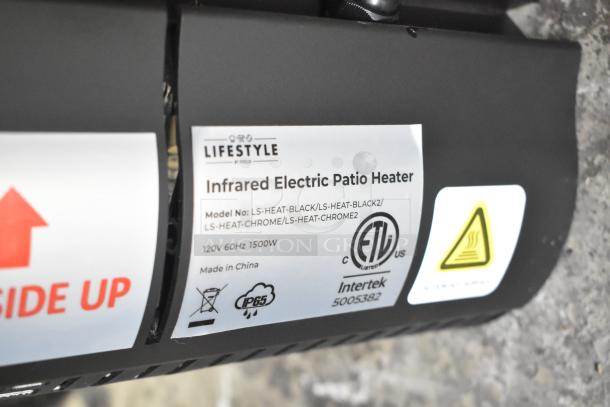 Lifestyle Infrared Electric Patio Heater with labels. Model LS-HEAT-BLACK, 120V, 60Hz, 1500W. ETL listed, IP65 rated.
