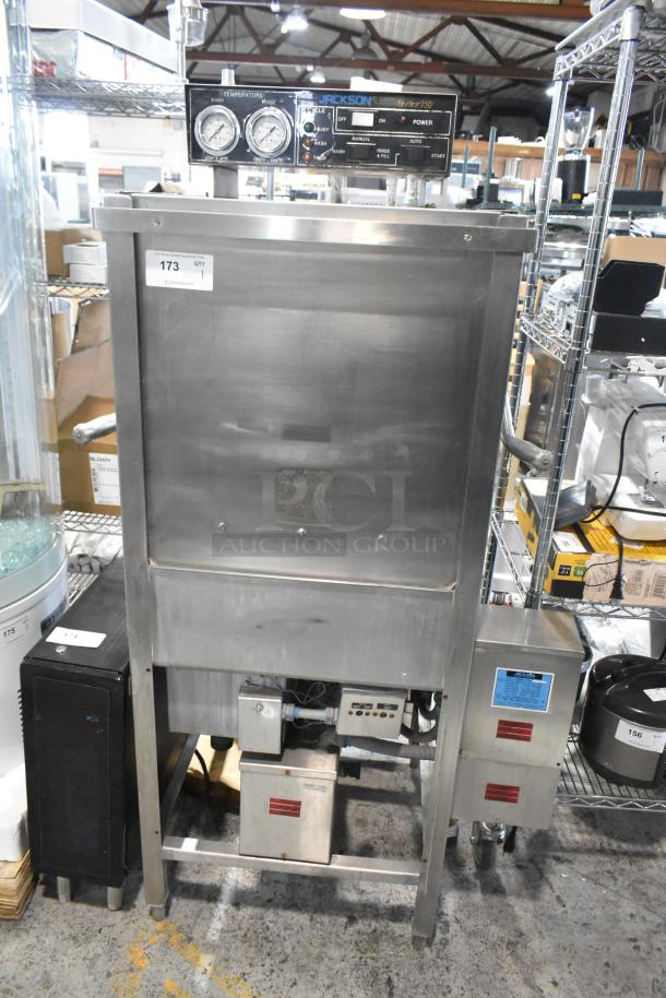 Jackson Stainless Steel Commercial Straight Pass Through Dishwasher, visible gauges, model and condition appear intact.