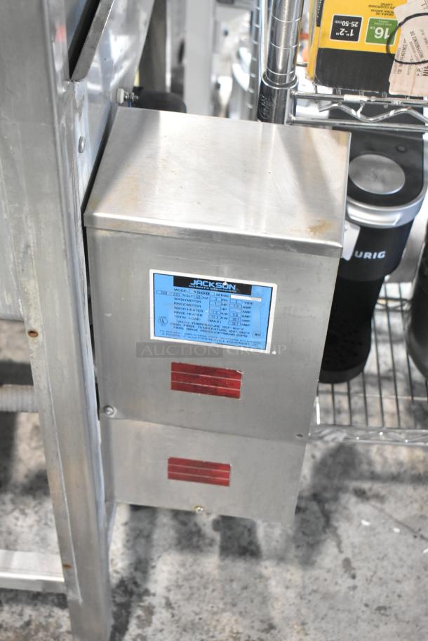 Jackson Stainless Steel Commercial Pass Through Dishwasher, features a straight design, visible unit label detailing specifications.