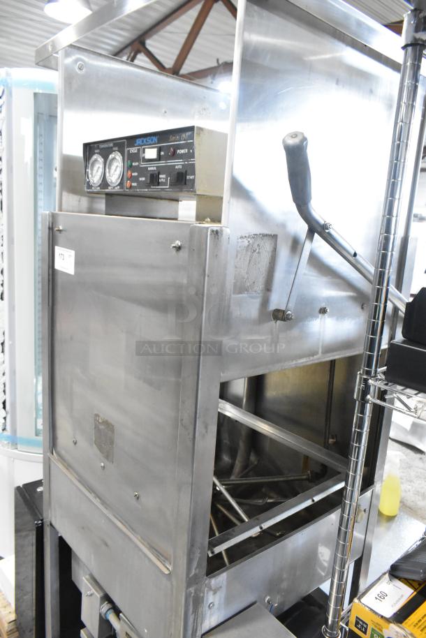 Jackson Stainless Steel Commercial Straight Pass Through Dishwasher; features durable construction, control panel, and metal handle.