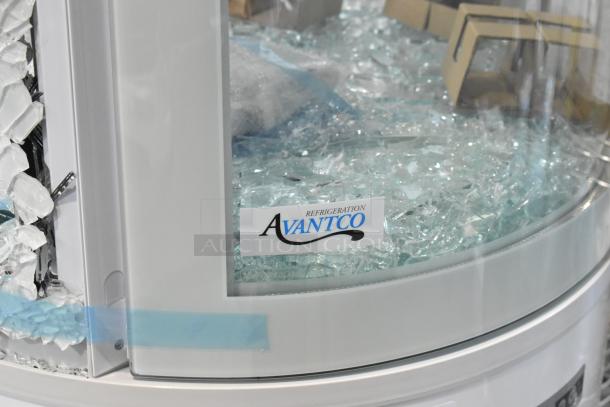 Avantco 19BCR15HCW white circular glass display case with broken glass, model label visible, 110V, 1 phase.