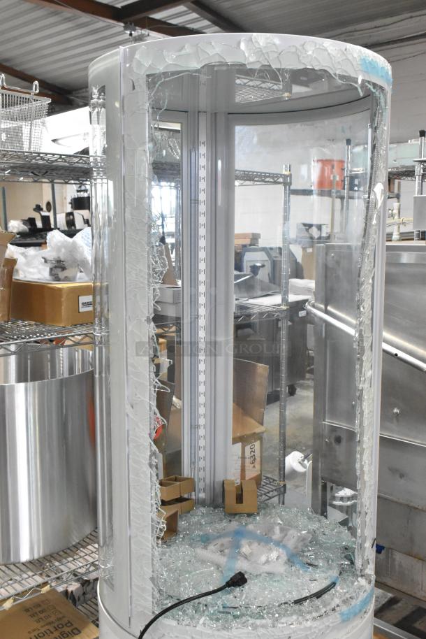 Avantco BCR-15-HC white circular refrigerated display case with broken glass, 110V, 1 phase. Brand new scratch and dent.