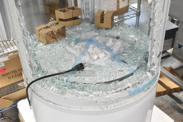 Avantco 19BCR15HCW circular glass refrigerated display case, broken glass visible, 110V, 1 phase, scratch and dent.