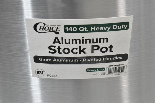 BRAND NEW Choice 471SP140QTHD 140 Qt. Aluminum Stock Pot, heavy duty with riveted handles, minor scratches and dents visible.