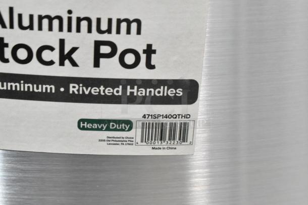 Brand new, scratch and dent Choice 471SP140QTHD 140 Qt. heavy weight aluminum stock pot. Riveted handles, heavy duty.