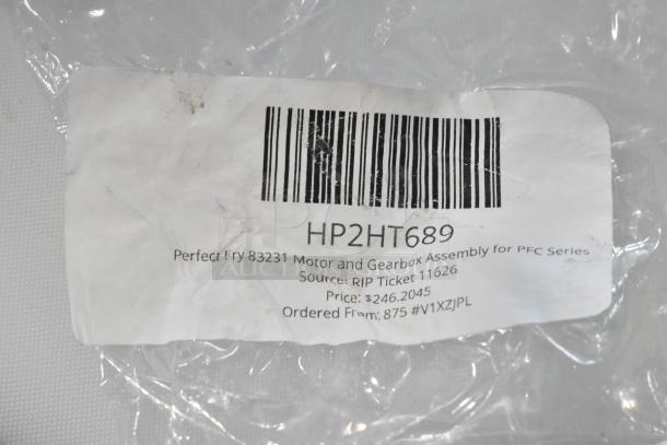 Plastic-wrapped package labeled HP2HT689, Perfect Fry 83231 Motor and Gearbox Assembly for PFC Series. Price: $246.2045.