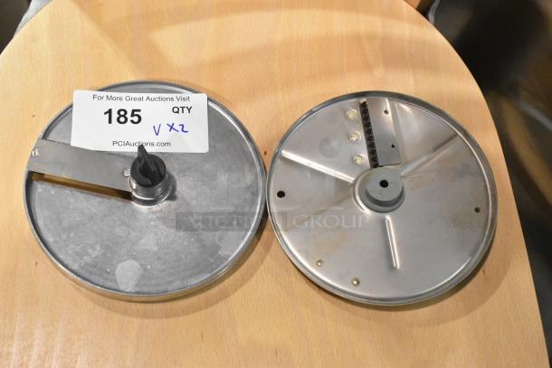 Two Robot Coupe food processor blades, models J6x6 and E8 S5/16, metal construction, good condition, with auction label.