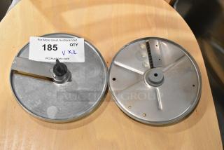 Two Robot Coupe food processor blades, models J6x6 and E8 S5/16, metal construction, good condition, with auction label.