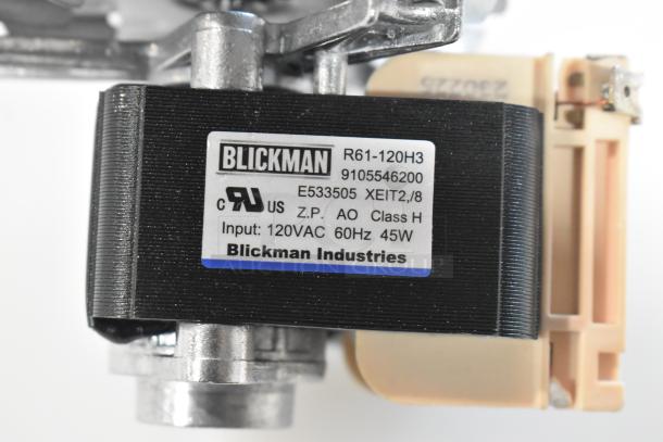 2 Blickman R61-120H3 fan motors, brand new scratch and dent, 120VAC, 60Hz, 45W, labeled for electrical specs and compliance.