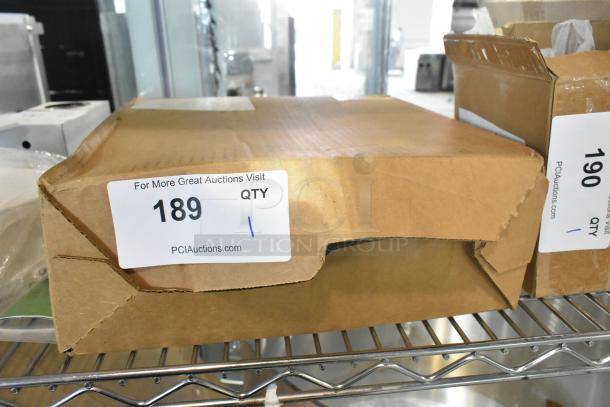 Brand new Grainger FH-SS-SS-US #20 Sieve in original box with visible dents, item labeled 189 on auction shelf.
