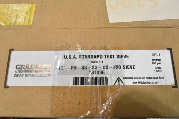 Brand new Grainger FH-SS-SS-US #20 sieve, ASTM E11, 12” diameter, scratch and dent condition, in original packaging.