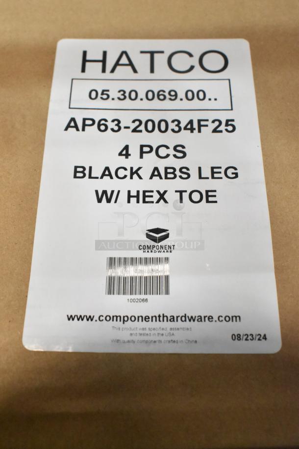 "Hatco AP63-20034F25 black ABS legs with hex toe, 4 pieces, labeled as scratch and dent, brand new condition."