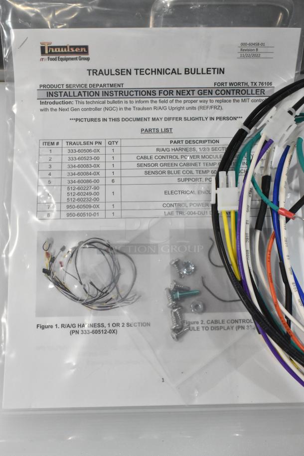Brand new Traulsen control panel/circuit board kit, includes wires and screws, labeled technical bulletin for installation.