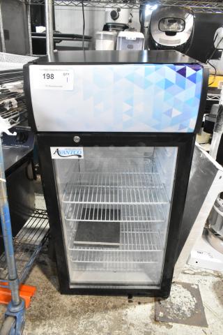 Brand new Avantco 360SC80 metal mini cooler merchandiser with minor scratches and dents. Visible label indicates 110-120 volts, 1 phase.