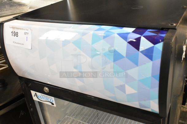 Brand new Avantco 360SC80 mini cooler merchandiser, 110-120V, metal with geometric blue design, scratch and dent.