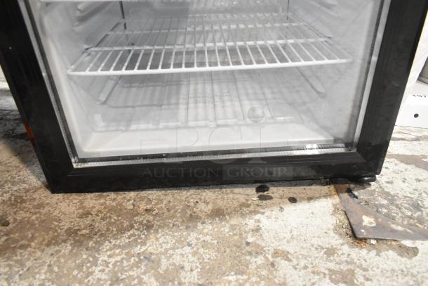 Brand new Avantco 360SC80 metal mini cooler merchandiser, scratch and dent condition, with wire shelves.