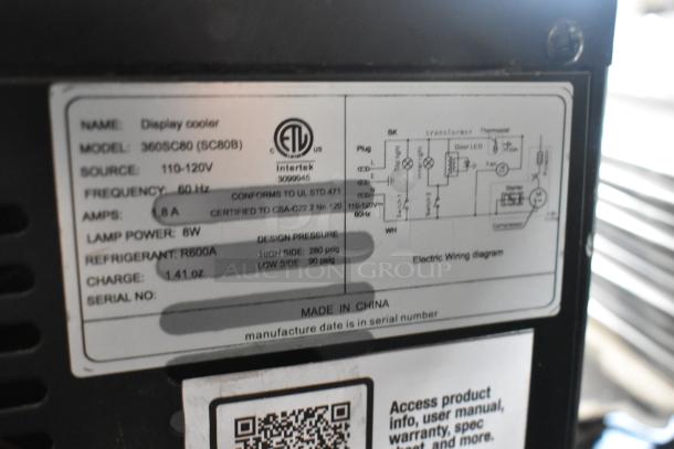 Alt text: Label on Avantco 360SC80 Metal Mini Cooler Merchandiser displaying model, voltage, and refrigerant details.