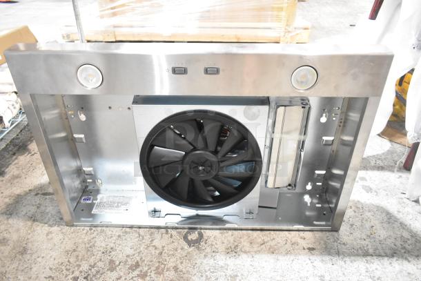 BCSD130SS Metal Range Hood, 120V, 1 Phase. Open front view showing fan and controls. Model BCSD130SS label visible.