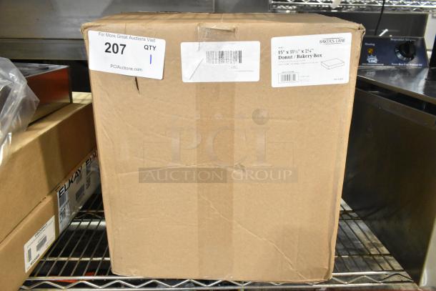Box of Bakers Lane 15"x11.5"x2.25" white customizable auto-popup donut/bakery boxes, 100/case, slightly dented.