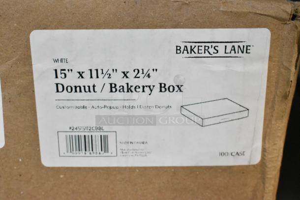 Bakers Lane customizable white auto-popup donut/bakery box 15" x 11.5" x 2.25", scratch and dent, 100 per case.