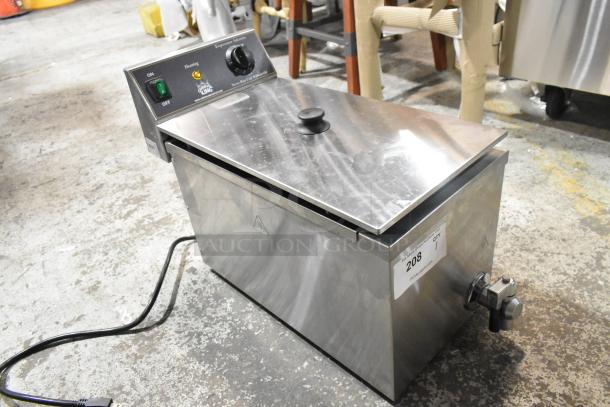 Brand new Carnival King 382CDF17A stainless steel corn dog fryer, 37 lb capacity, with lid, 120V, 1 phase. Scratch and dent condition.
