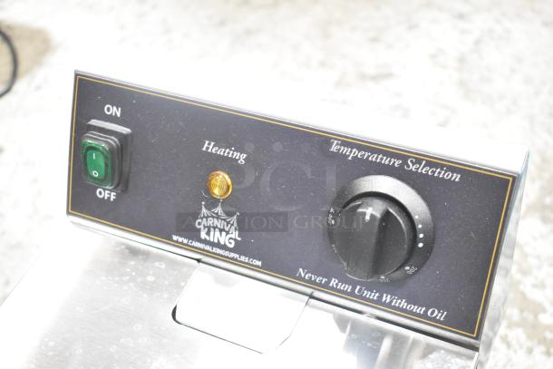 BRAND NEW 2024 Carnival King 382CDF17A 37 lb. Stainless Steel Corn Dog Fryer with lid. Features on/off switch, heating indicator, temperature control knob.
