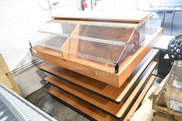 Wood pattern display case merchandiser, multi-tiered, clear acrylic fronts, sturdy wood design, suitable for retail use.