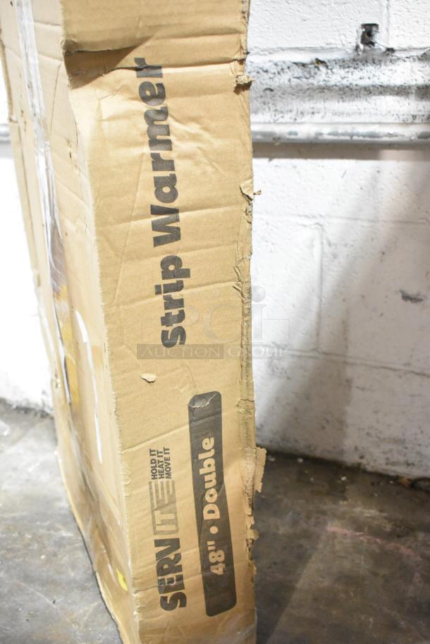 Brand new ServIt 48" lighted double strip warmer, model 423SW48TLHDBLA, in original packaging with visible surface damage.