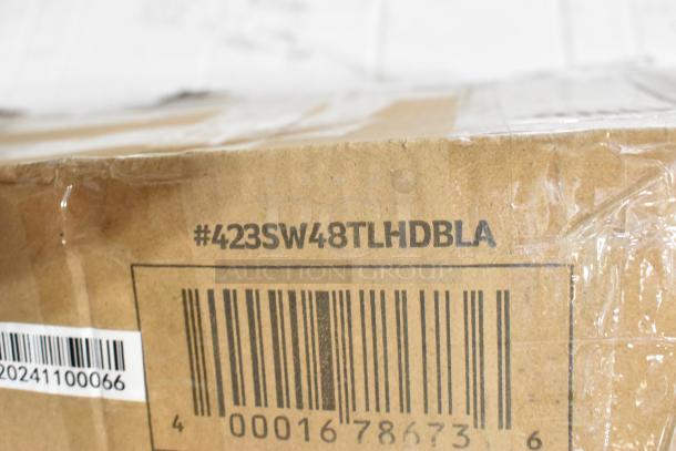Cardboard box with barcode and "#423SW48TLHDBLA" marking for a ServIt 48" lighted double strip warmer. New condition.