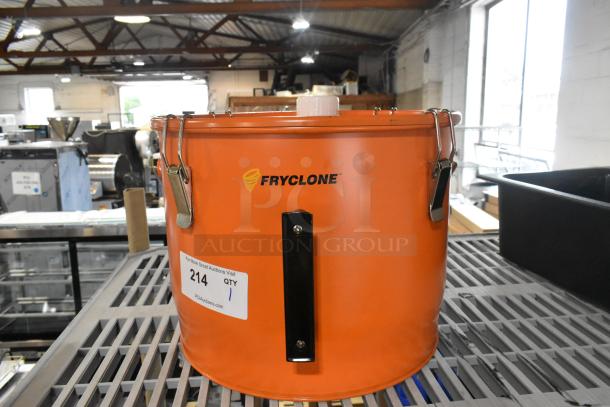 BRAND NEW Fryclone Smart Pail 7 Gallon, orange utility oil pail, model 259SMRTPL, minor scratches, auction label visible.