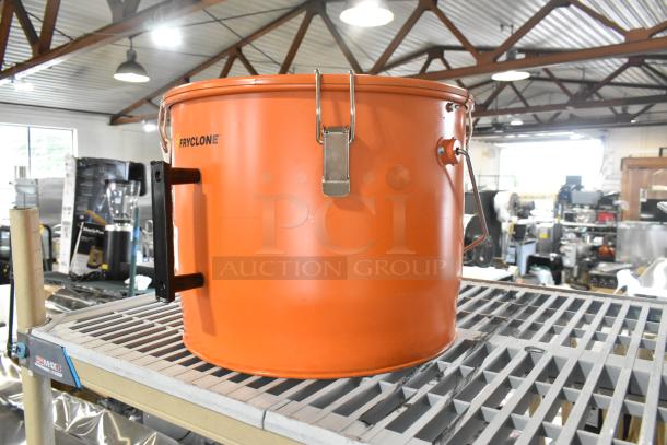 Brand new Fryclone Smart Pail, 7-gallon capacity, orange, metal clips, minor scratches, model 259SMRTPL visible on side.