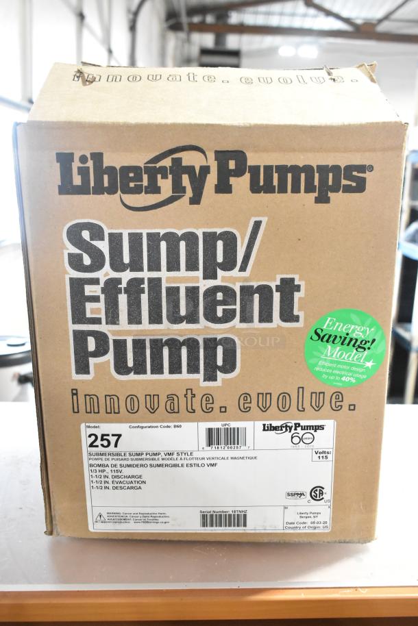 Brand new Liberty Pumps 257, 1/3 hp, 115V sump pump. Features vertical magnetic float switch. Energy-saving model.
