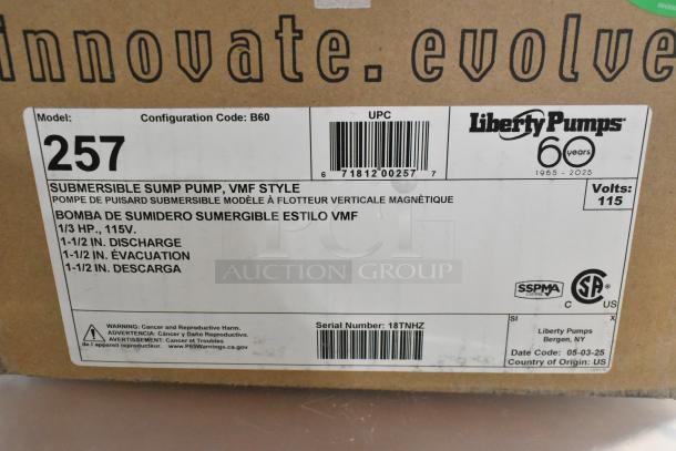 Liberty Pumps 257 brand new sump pump with vertical magnetic float, 1/3 hp, 115V. Box with specs and serial number.