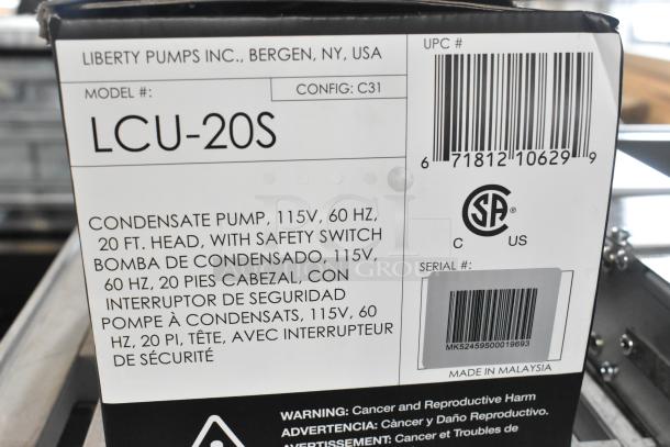 Brand new Liberty Pumps LCU-20S, 115V 3/8" condensate pump with safety switch, 1/9 hp, scratch and dent condition.