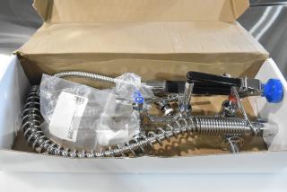 BRAND NEW Fisher 34450 pre-rinse faucet with 12" bracket, 16" riser, 10" nozzle, 36" hose. Scratch and dent condition.