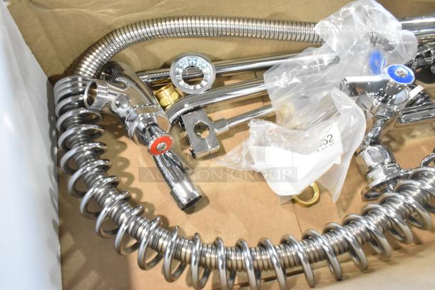 BRAND NEW Fisher 34450 backsplash-mount pre-rinse faucet with 12" wall bracket, 16" riser, 10" swing nozzle, 36" hose.