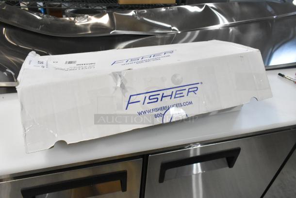 New Fisher 34450 pre-rinse faucet in scratched box, includes 12" wall bracket, 16" riser, 10" swing nozzle, 36" hose.