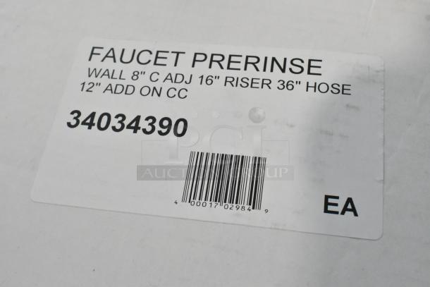 Brand new Fisher 34034390 wall-mount pre-rinse faucet, 12" wall bracket, 16" riser, 12" swing nozzle, 36" hose, with label.