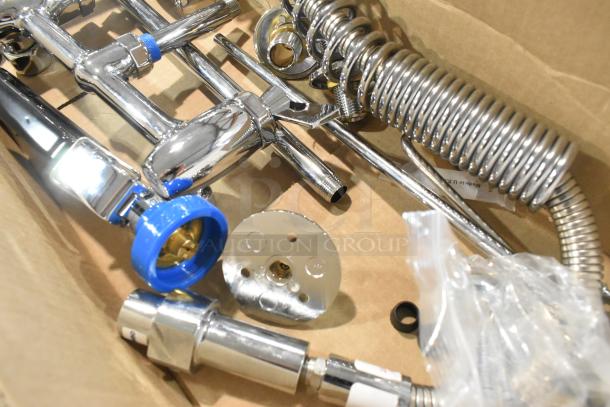 Brand new Fisher 34470 pre-rinse faucet with backsplash-mount, 12" wall bracket, 16" riser, 14" swing nozzle, 36" hose.