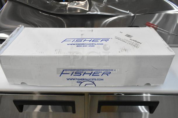 Box of Fisher 34470 pre-rinse faucet, new with scratches, includes 12" wall bracket, 16" riser, 14" nozzle, 36" hose.