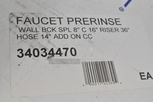 Brand new Fisher 34470 pre-rinse faucet label, shows markings for wall bracket, riser, swing nozzle, and hose dimensions.