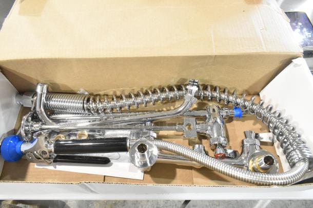 Brand new Fisher 34410 backsplash-mount pre-rinse faucet, includes 12" wall bracket, 16" riser, 12" swing nozzle, 36" hose.