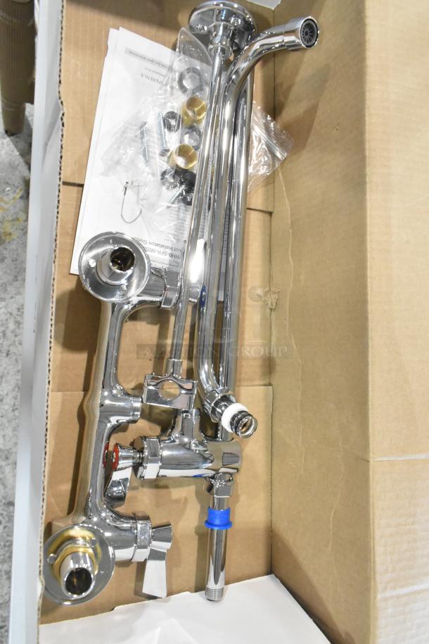 BRAND NEW Fisher 34410 pre-rinse faucet in box, with 12" wall bracket, 16" riser, 12" swing nozzle, and 36" hose. Scratch and dent condition.