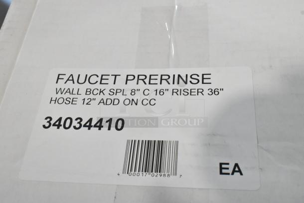 BRAND NEW Fisher 34410 backsplash-mount pre-rinse faucet, 12" wall bracket, 16" riser, 12" nozzle, 36" hose. Model 34034410.