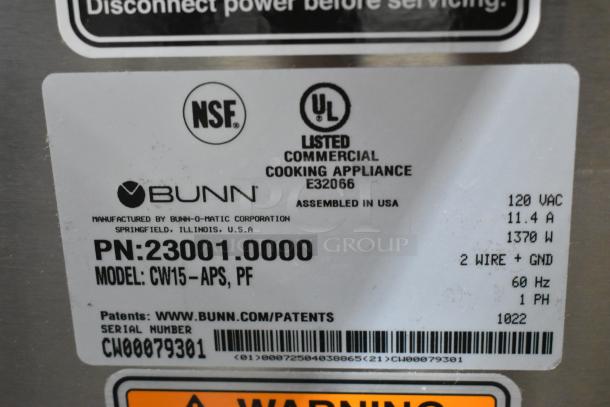 Bunn CW15-APS coffee brewer label, showing model 23001.0000, 120 VAC, NSF and UL listed for commercial use.