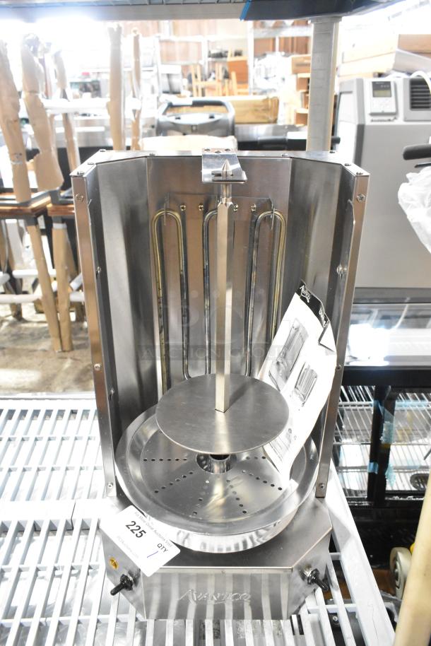 Avantco 177VBE101A stainless steel electric vertical broiler, 20 lb. capacity, 120V, 1 phase, new with minor scratches, visible tags.