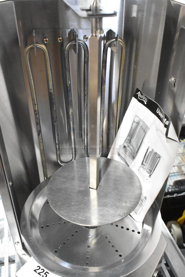 BRAND NEW 2024 Avantco 177VBE101A Stainless Steel 20 lb. Vertical Broiler, 120V, 1 Phase, minor scratch and dent, user manual visible.