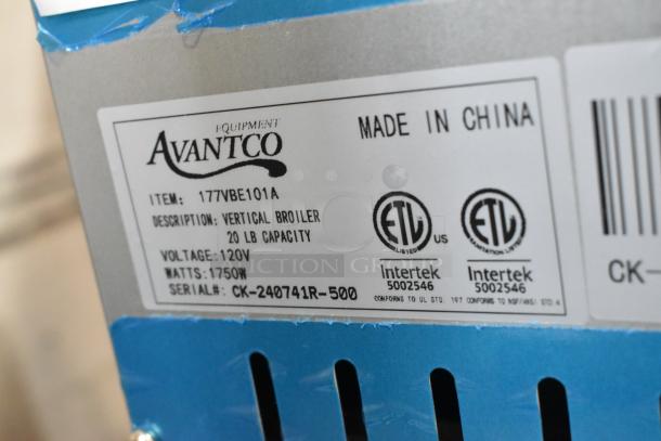 Avantco 177VBE101A Stainless Steel Electric 20 lb. Vertical Broiler, 120V, 1 Phase, scratch and dent condition, label view.