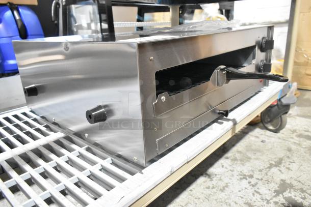 Brand new Avantco 177CPO16TSGL stainless steel pizza oven with broken glass door. Countertop model, thermostatic control.